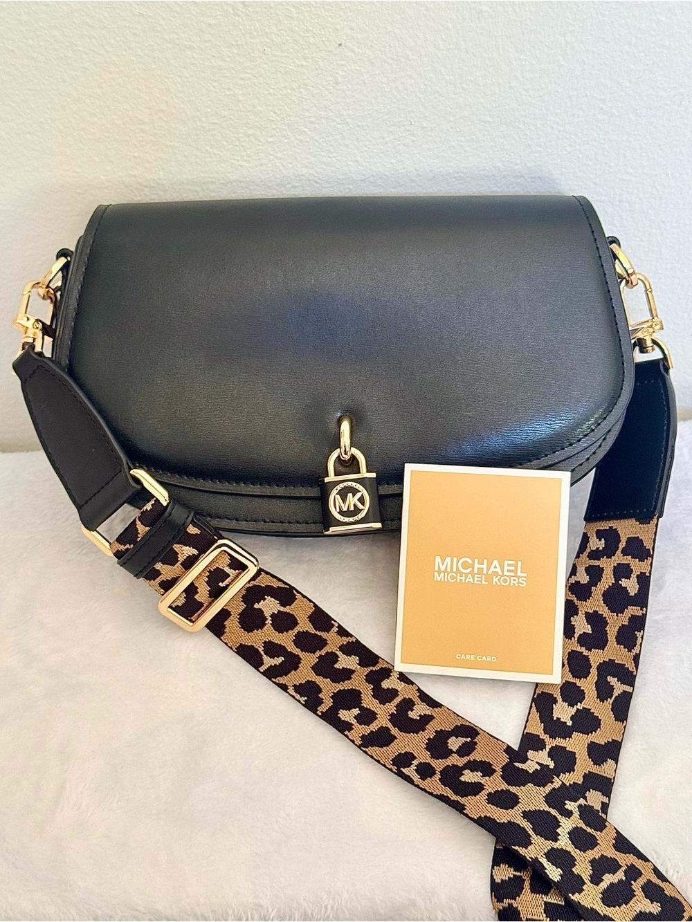 MICHAEL Michael Kors Mila East West Messenger Black w/ Rare Leopard Print Strap